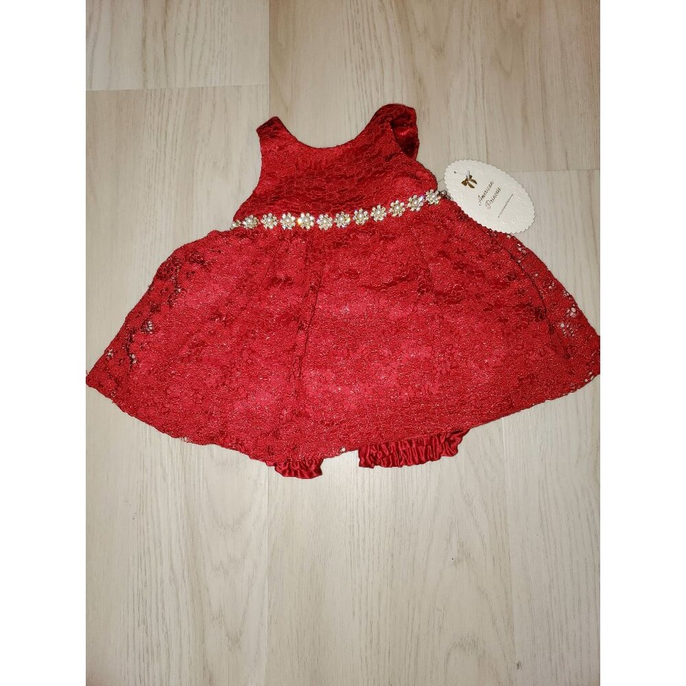 Baby Girl Dark Red Lace Dress With Rhinestone Waist & Bloomers 6 Months